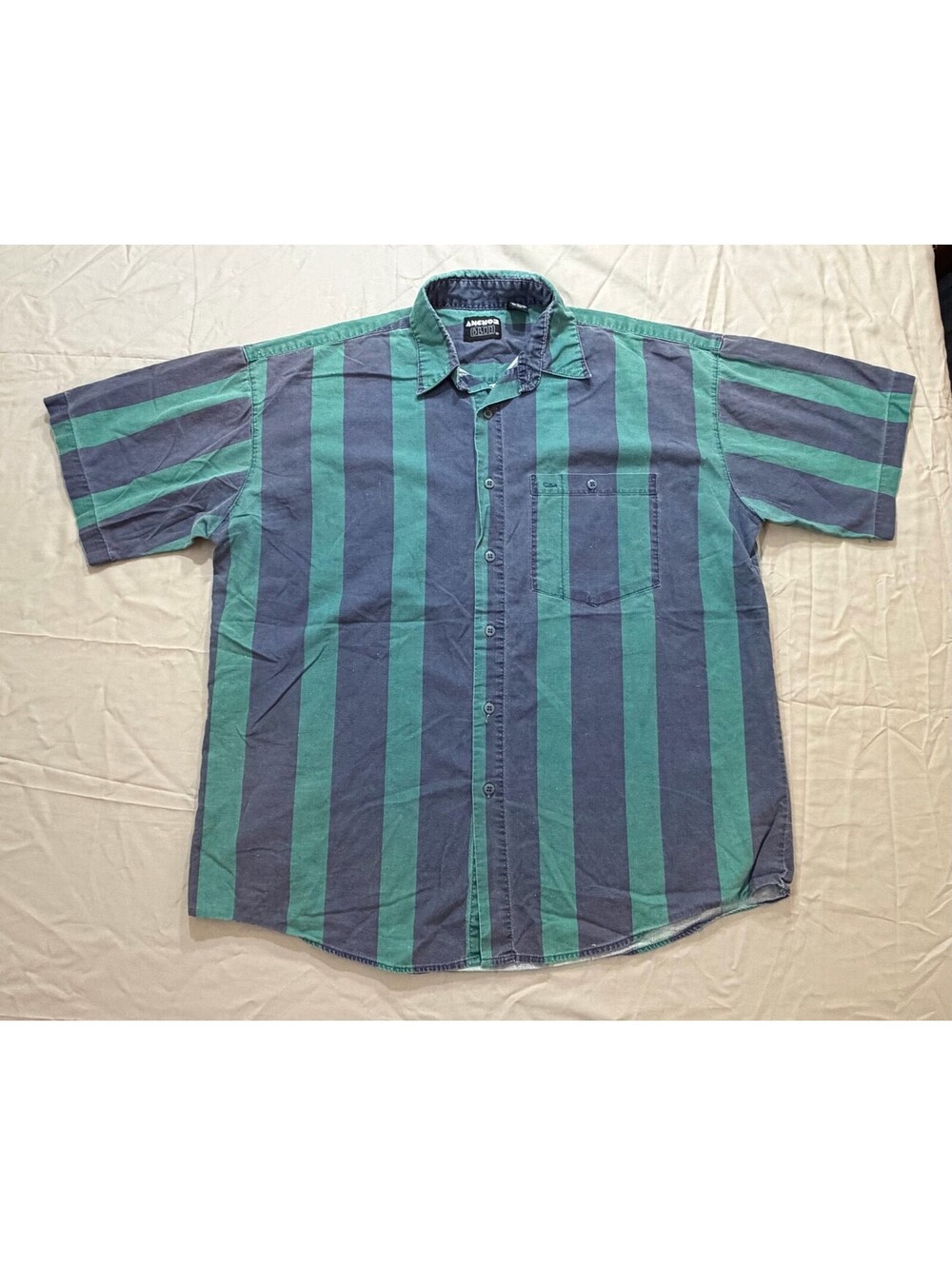Vintage Anchor Blue Shirt Mens L Green Blue Striped 90s Hong Kong Cotton